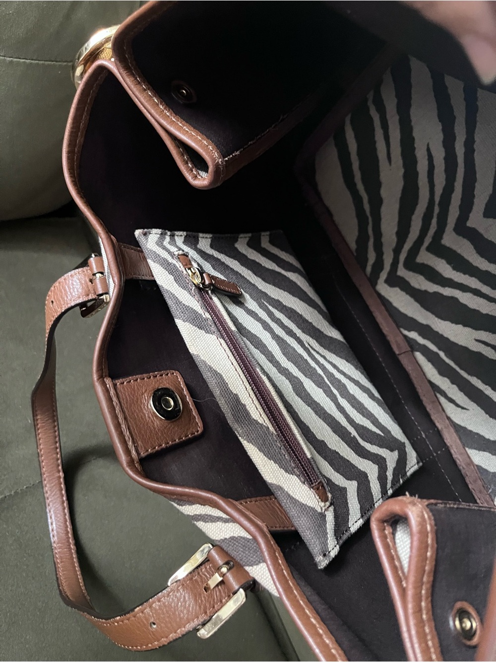 Michael Kors Black and White Zebra Canvas Tote with Brown Leather Trim - Picture 13 of 14